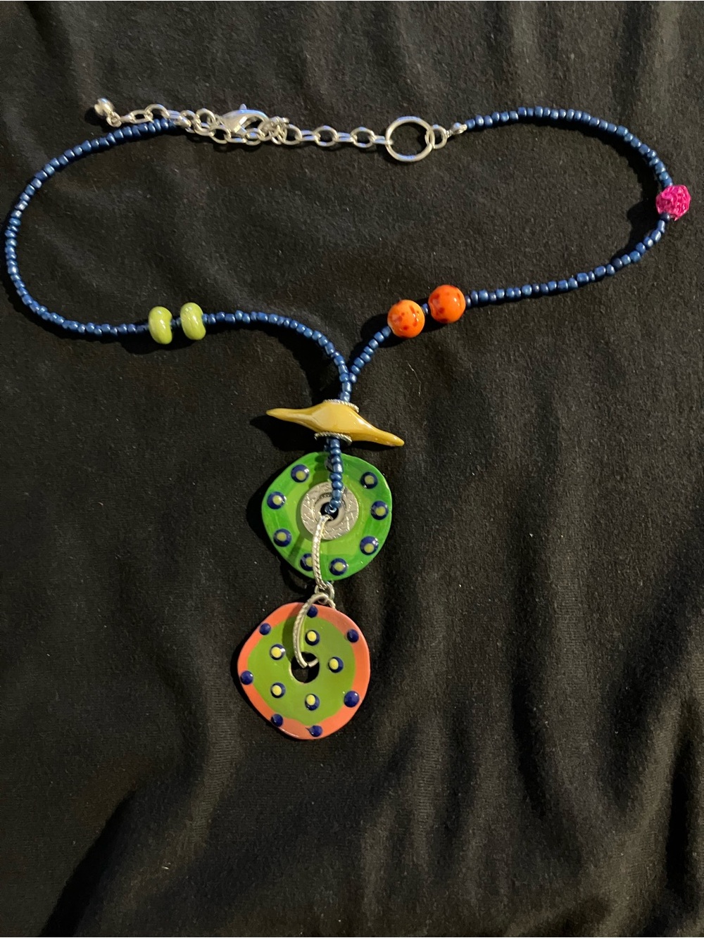 Navy Beaded Necklace with Green & Coral Double Pendants